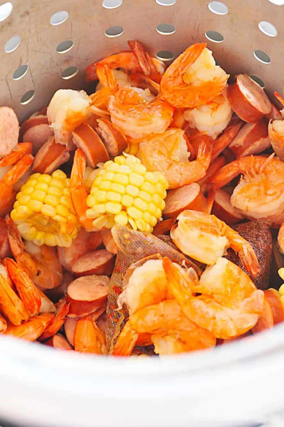 Photo of shrimp boil in large pot.