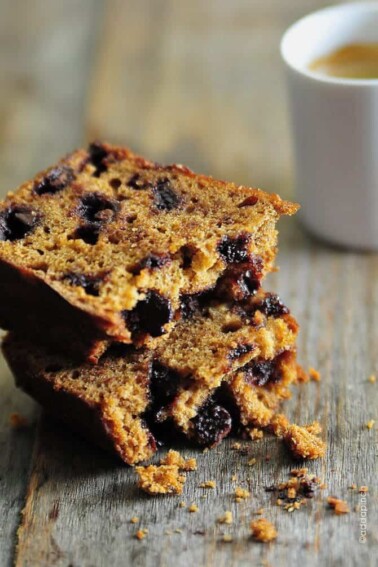 Chocolate Chip Pumpkin Bread Recipe - Chocolate Chip Espresso Pumpkin Bread will quickly become one of your most looked forward to pumpkin bread recipes. Seriously, this pumpkin bread is a year-round favorite! // addapinch.com