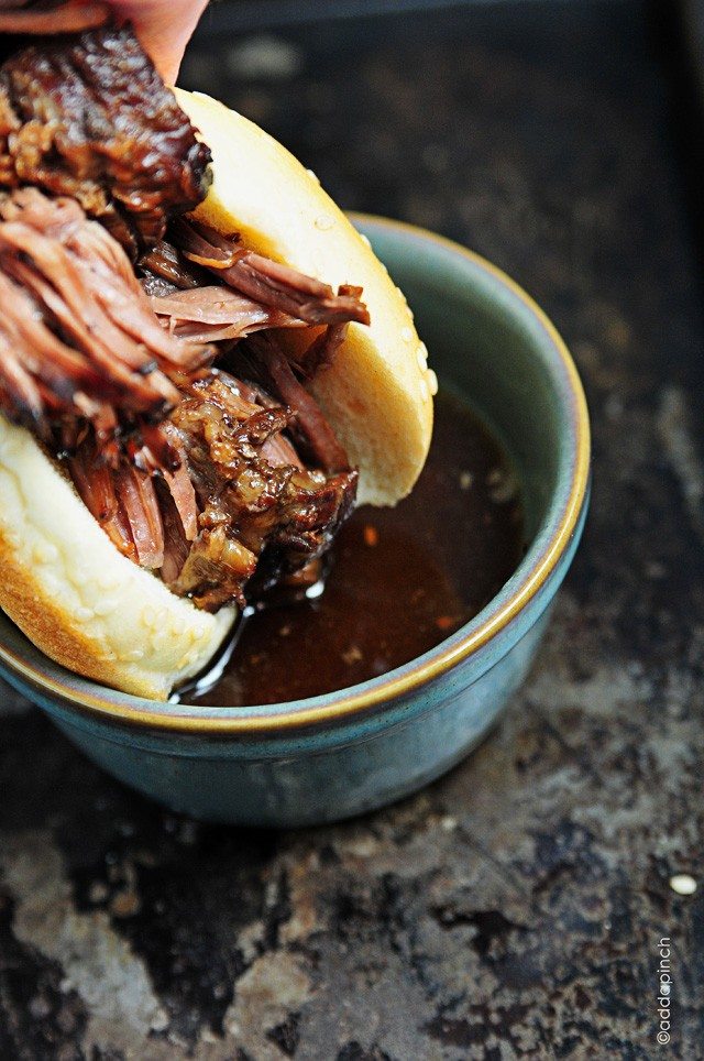 Balsamic Beef French Dip Sandwiches from addapinch.com