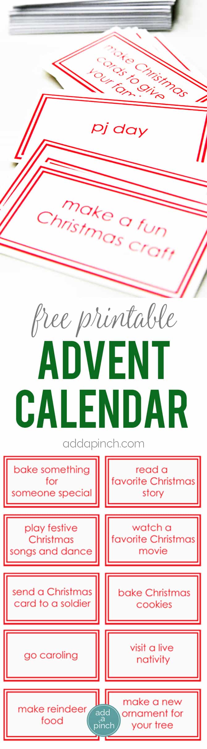 Free Printable Advent Calendar Cards - This Children's Advent Calendar Printable adds a bit of fun and memorable traditions to your Christmas. 30 children's advent calendar ideas and cards. // addapinch.com