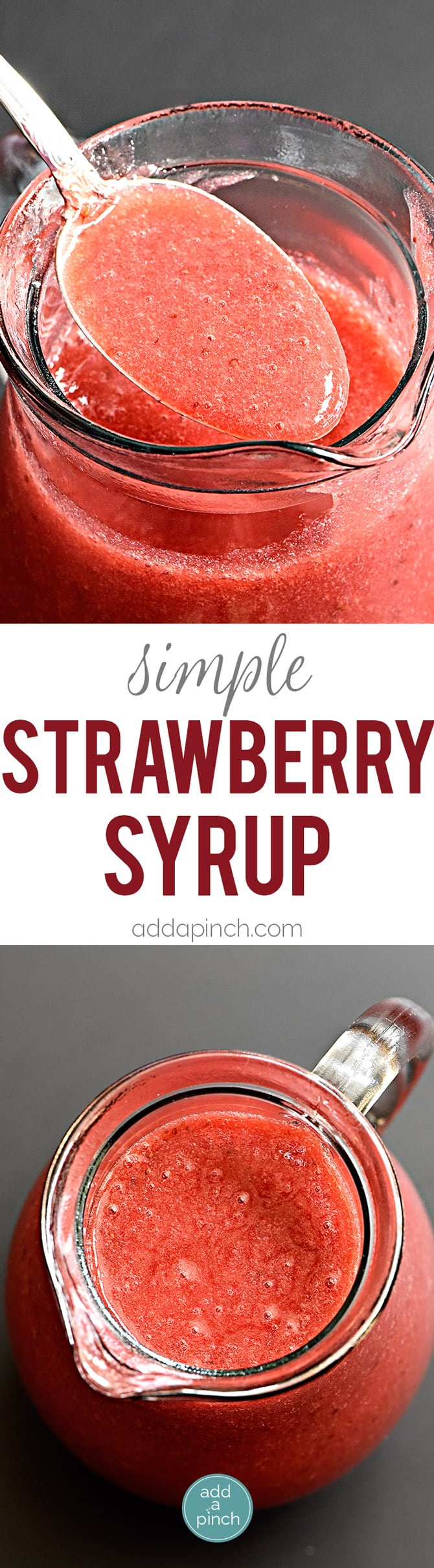 Simple strawberry syrup recipe uses just 3 ingredients! Ready in minutes, this strawberry syrup is perfect for so many dishes! // addapinch.com