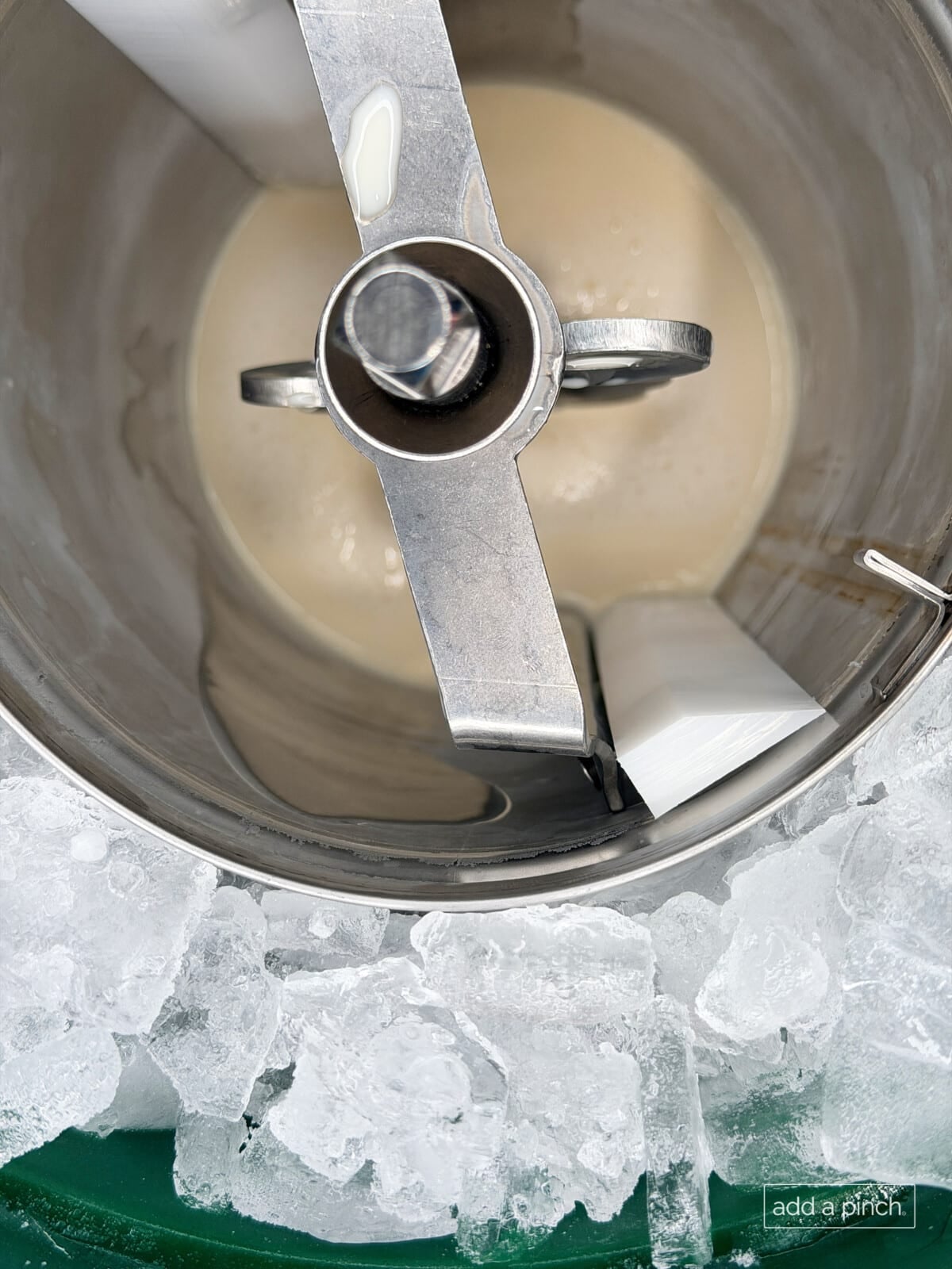 Ice cream base ready churned and ready to incorporate roasted peaches for homemade peach ice cream