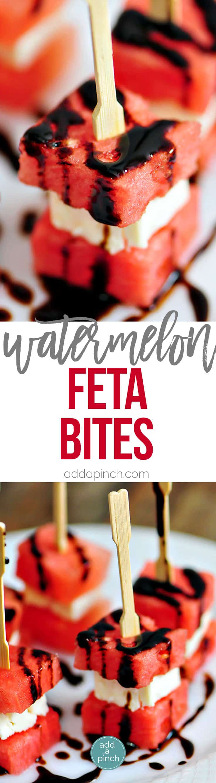 Watermelon Feta Bites Recipe - Watermelon Feta Appetizer Bites make a perfect appetizer that just screams summer! These easy, elegant Watermelon Feta Appetizer Bites come together quickly. // addapinch.com