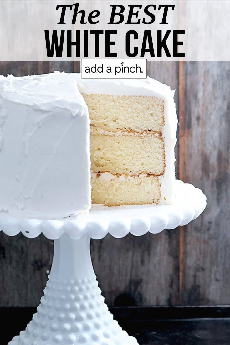 Sliced White Cake on antique white hobnail cake stand - with text - addapinch.com