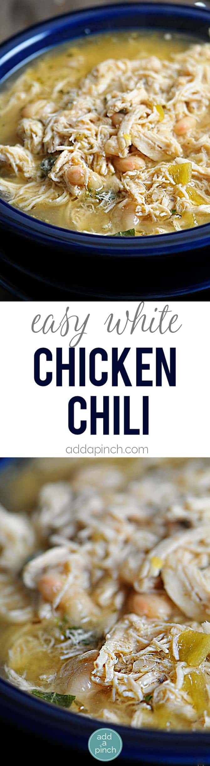 Easy White Chicken Chili Recipe - White Chicken Chili makes a delicious meal full of spicy chili flavor, chicken and white beans. You'll love this easy White Chicken Chili recipe. Stovetop, Slow Cooker and Freezer Instructions are provided to make easily make this White Chicken Chili a favorite anytime! // addapinch.com