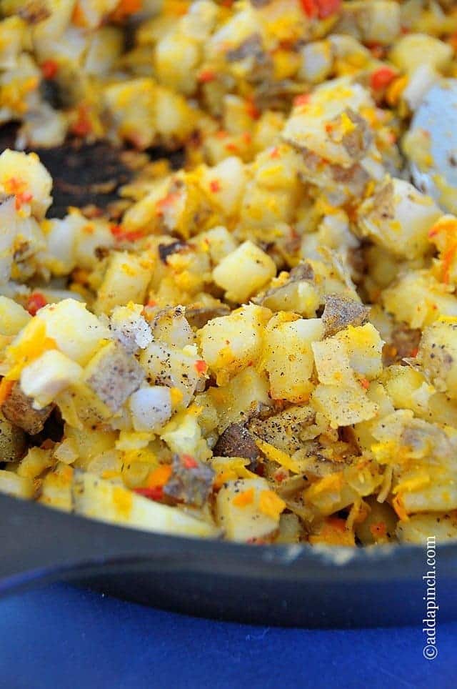 photograph of Breakfast Potatoes in a blue bowl.