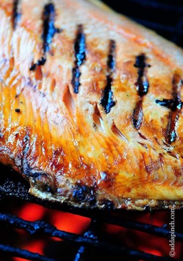 Grilled Salmon Recipe - Grilled Salmon is a favorite, light and delicious meal. This grilled salmon recipe is the perfect combination of savory and sweet and will quickly become a favorite. // addapinch.com