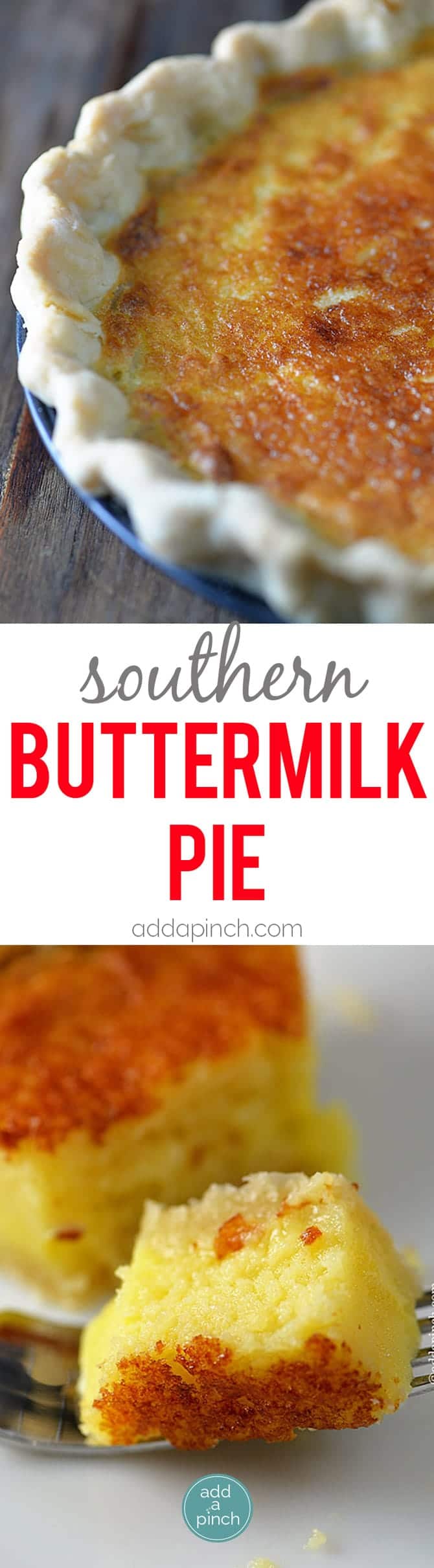 Southern Buttermilk Pie Recipe - Buttermilk Pie is a classic pie recipe well loved for generations in my family. A custardy pie that comes together quickly and easily with a light texture and a slight tangy flavor. // addapinch.com