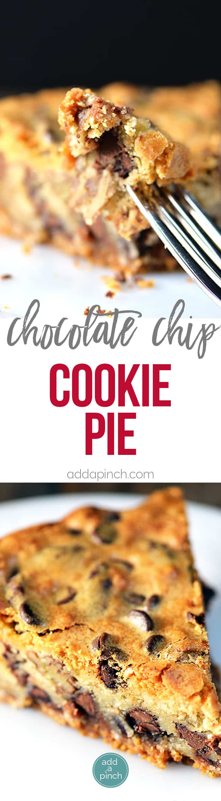 KK's Chocolate Chip Cookie Pie Recipe - Chocolate Chip Cookie Pie makes a delicious pie recipe that everyone loves, especially the kids! Get this family favorite, easy chocolate chip cookie pie! // addapinch.com