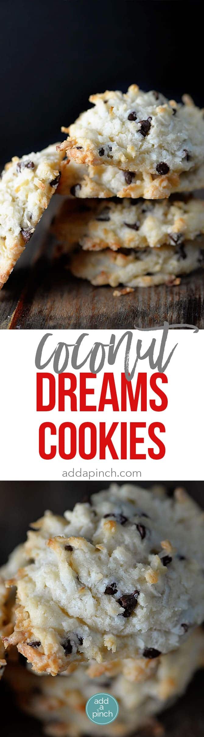 Coconut cookies make a for a favorite of holiday cookie recipes. These Coconut Dream Cookies are filled with mounds of coconut, chocolate, and use coconut oil. // addapinch.com
