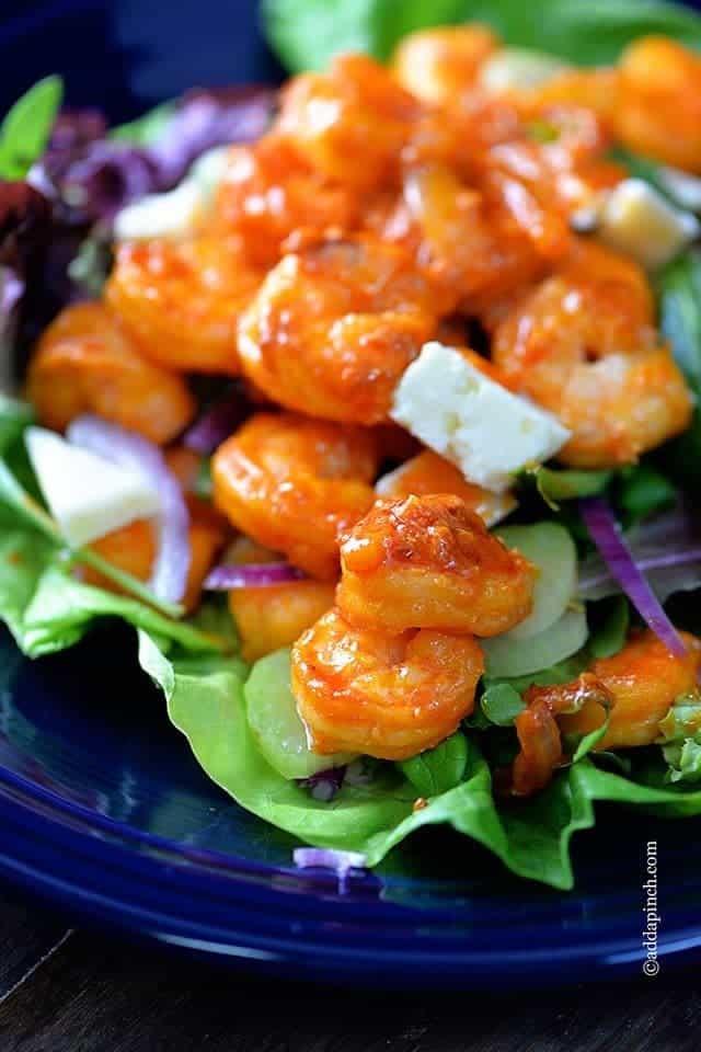 Buffalo Shrimp Salad Recipe // addapinch.com