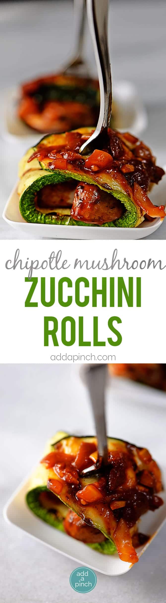 Chipotle Mushroom Zucchini Rolls Recipe - Chipotle Mushroom Zucchini Rolls make an easy appetizer recipe. A flavorful dish, these zucchini rolls are a great meatless, grain-free option to serve. // addapinch.com