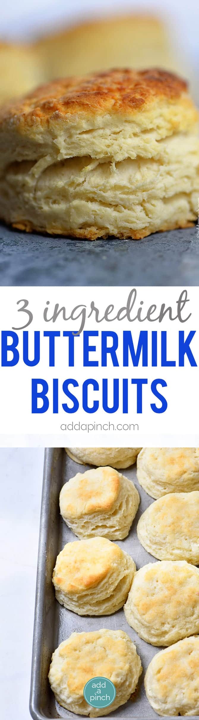 Buttermilk Biscuits Recipe - This three ingredient buttermilk biscuit recipe will absolutely change your biscuit-making life. It is one of those essential biscuit recipes that every cook should have available in their recipe box or, better yet, memorize if at all possible. // addapinch.com