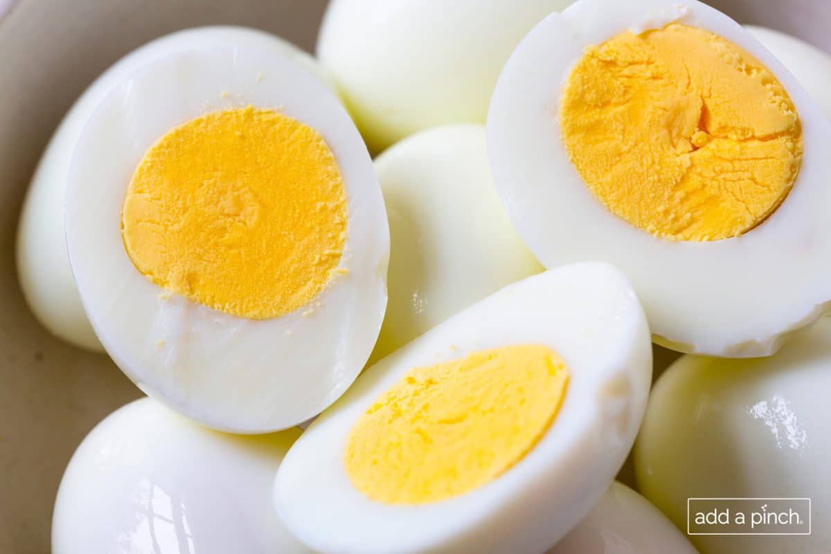 Landscape photo of hard boiled eggs.