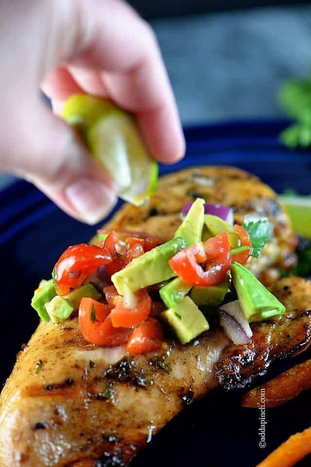 Grilled chicken breast topped with avocado salsa. 