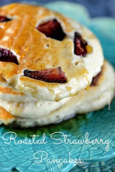 Roasted Strawberry Pancakes Recipe | ©addapinch.com