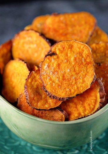 Sweet Potato Chips - Sweet Potato Chips make a delicious snack or crunchy side dish. Made with just three ingredients, these healthy sweet potato chips are ready in 5 minutes! // addapinch.com