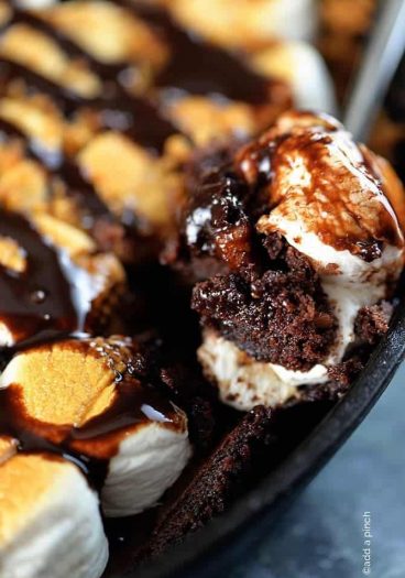 Skillet Brownie Smores Recipe from addapinch.com