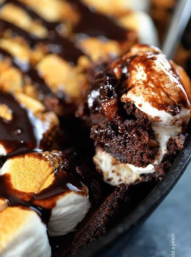 Skillet Brownie Smores Recipe from addapinch.com