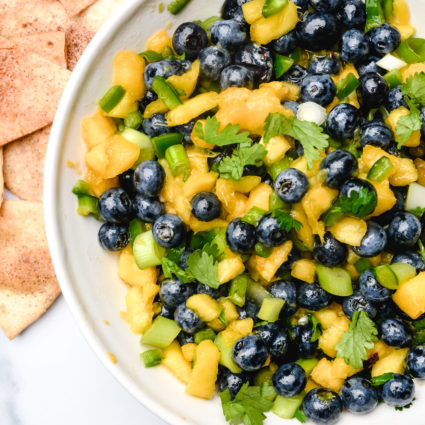 Blueberry Peach Salsa makes a delicious fruit salsa. Made of blueberries, peaches and a few other simple ingredients, this blueberry peach salsa is a summertime favorite. // addapinch.com