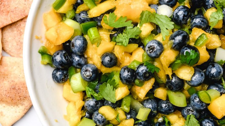 Blueberry Peach Salsa makes a delicious fruit salsa. Made of blueberries, peaches and a few other simple ingredients, this blueberry peach salsa is a summertime favorite. // addapinch.com