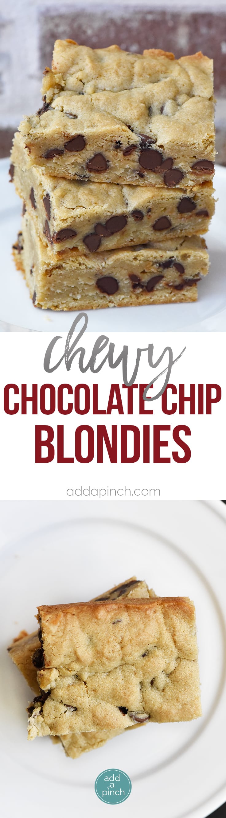 Chocolate Chip Blondies Recipe - This chocolate chip blondies recipe makes a delicious, sweet treat or dessert. Filled with chocolate chips, this simple blondie recipe will become a favorite! // addapinch.com