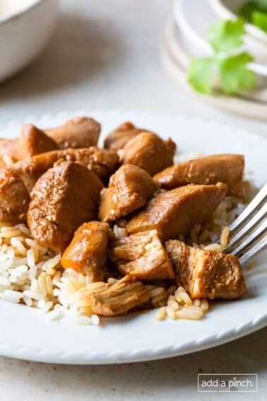 Photo of chicken teriyaki on a white plate.
