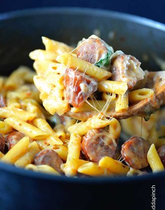 One Pot Penne Pasta Recipe with Sausage and Peppers from addapinch.com