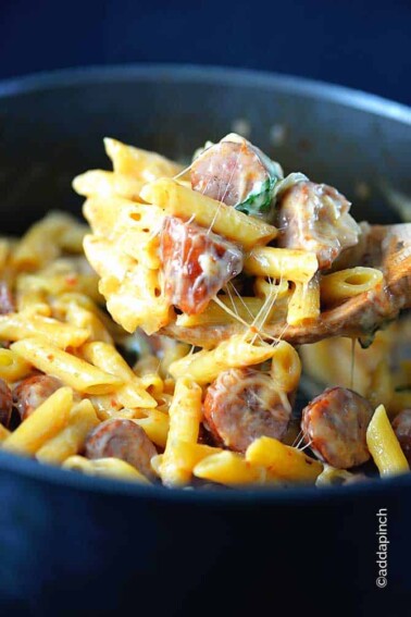 One Pot Penne Pasta Recipe with Sausage and Peppers from addapinch.com