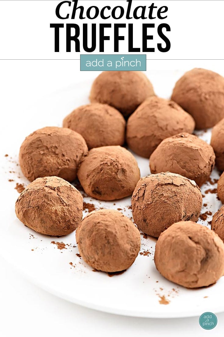 Platter of cocoa dusted Chocolate Truffles - with text - addapinch.com