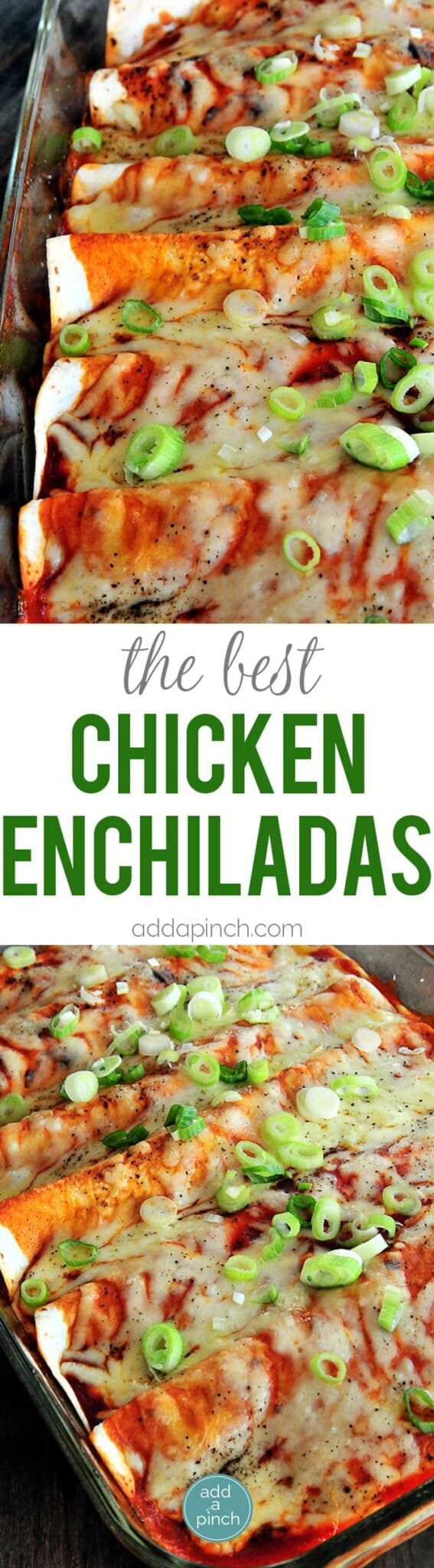 Chicken Enchiladas Recipe - Chicken Enchiladas make a perfect weeknight meal! Seriously the BEST chicken enchilada recipe and one the whole family will love! It will become a favorite! // addapinch.com