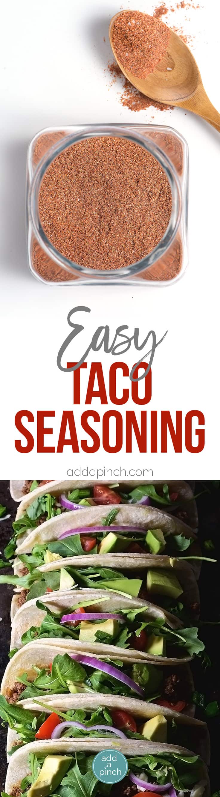 Homemade Taco Seasoning Recipe - This easy homemade taco seasoning mix is made with just five ingredients and with no preservatives! Great for tacos, fajitas, and so much more! // addapinch.com