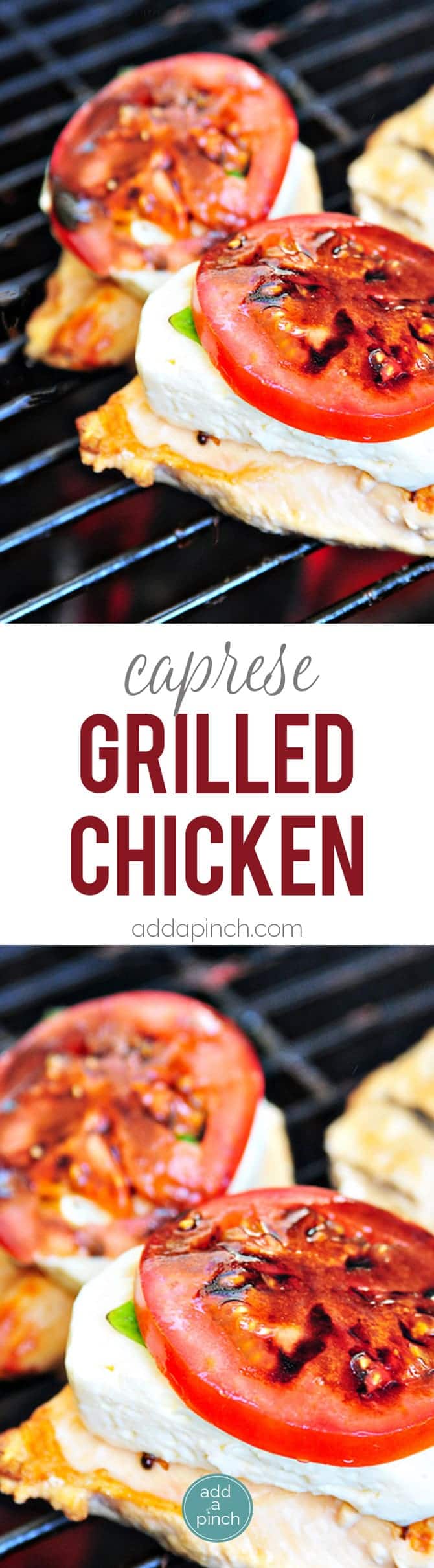 Caprese Grilled Chicken with Balsamic Reduction Recipe - A favorite caprese salad takes center stage with this delicious grilled chicken! // addapinch.com