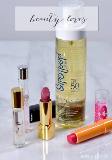Beauty Loves is a series where I share items I’m loving from the drugstore beauty aisle to the department store beauty counter! This month includes my favorite lips, spray sunscreen and more! // addapinch.com