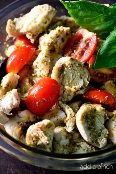 Pesto Chicken Salad makes a quick and easy recipe for lunch or supper! // addapinch.com