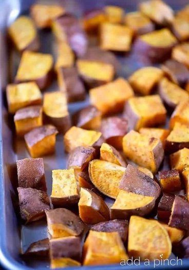 Roasted Sweet Potatoes make a quick and easy side dish perfect the whole family loves! // addapinch.com