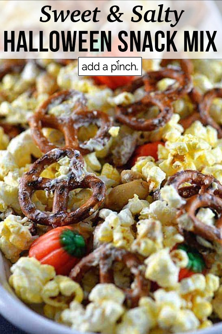 Snack mix with pretzels, candy and popcorn - with text - addapinch.com