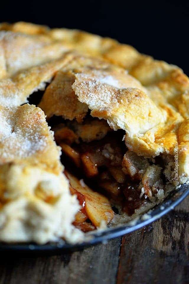 Photograph of homemade apple pie with a double pie crust.