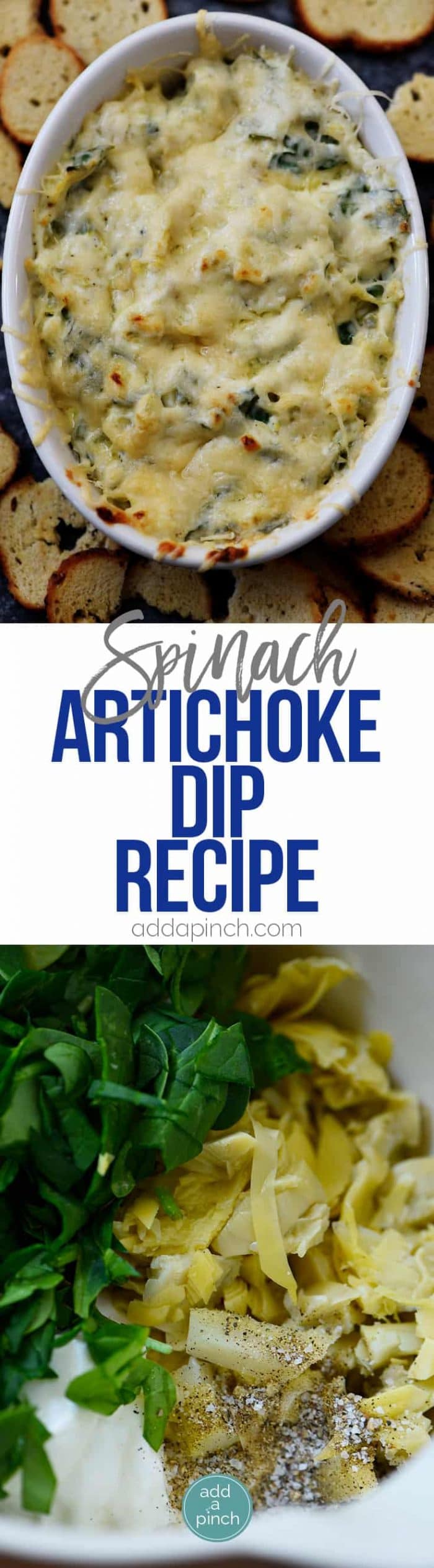 This Hot Spinach Artichoke Dip is so quick and easy! Made of just six ingredients and ready in less than 30 minutes, this spinach artichoke dip is a favorite! // addapinch.com