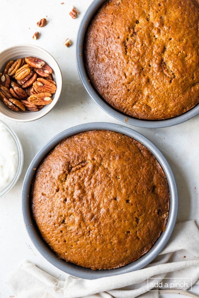 Photo of baked carrot cake layers.