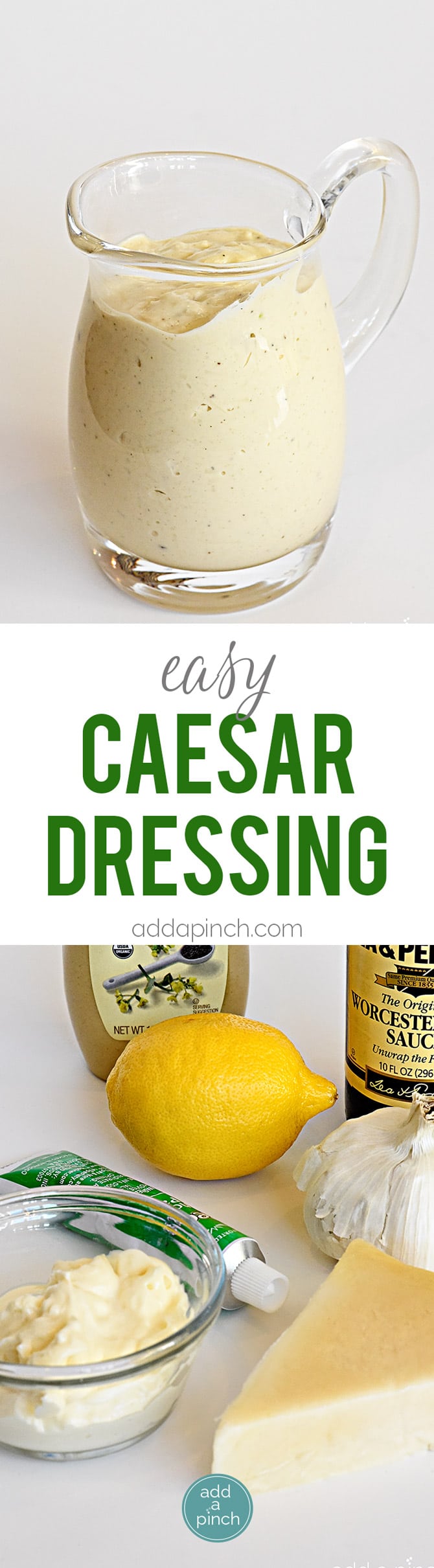 Easy Caesar Dressing is creamy and delicious! A restaurant-style caesar salad dressing made at home with just a few ingredients! // addapinch.com