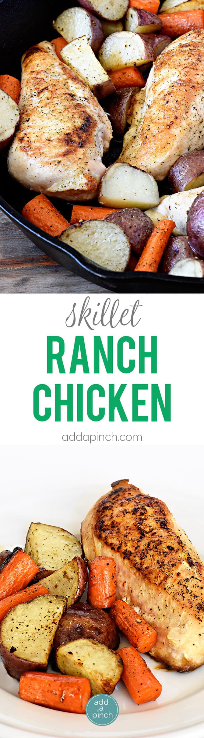 This skillet ranch chicken recipe makes a quick and easy weeknight supper. Full of flavor, this one-skillet meal combines chicken, potatoes, carrots, and my homemade ranch seasoning for a mighty delicious meal! // addapinch.com