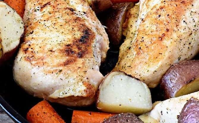 This skillet ranch chicken recipe makes a quick and easy weeknight supper. Full of flavor, this one-skillet meal combines chicken, potatoes, carrots, and my homemade ranch seasoning for a mighty delicious meal! // addapinch.com