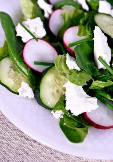 This Spinach Romaine Salad recipe makes a delicious welcome to spring! Topped with radishes, cucumbers, feta, and chives, it is sure to be a favorite! // addapinch.com