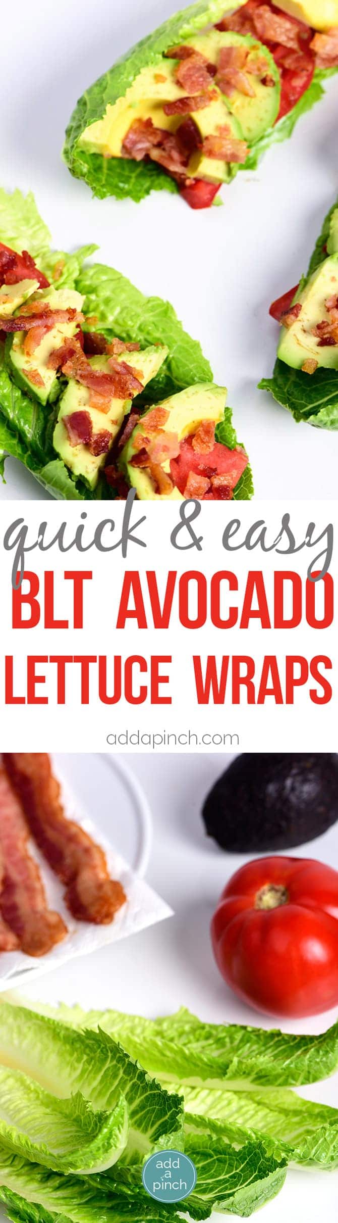 BLT Avocado Lettuce Wraps Recipe - BLT Avocado Lettuce Wraps make a quick, easy and delicious lunch or supper recipe! Perfect to lighten up the favorite BLT combo! // addapinch.com