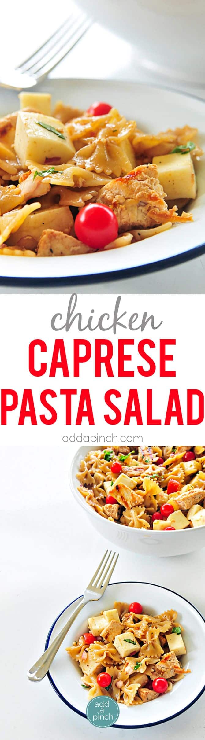 Chicken Caprese Pasta Salad Recipe - this pasta salad recipe is delicious served hot or cold! // addapinch.com 