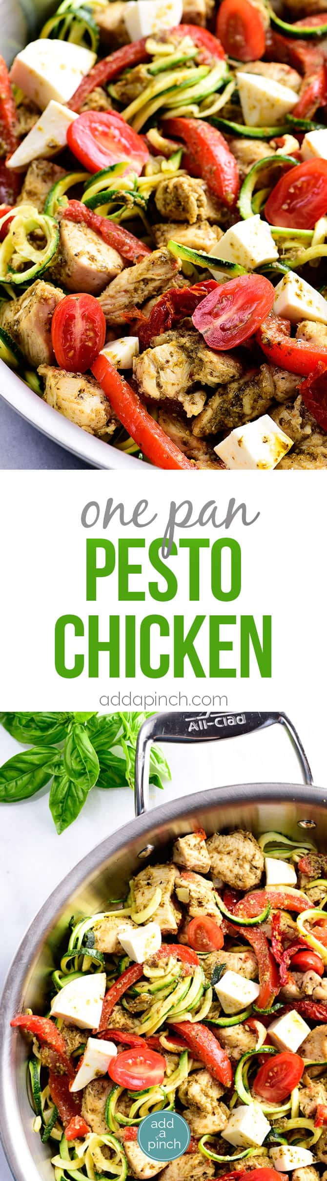 One Pan Pesto Chicken Recipe - This One Pan Pesto Chicken recipe makes a quick and easy answer to what's for supper? Made with chicken, pesto, peppers, tomatoes, zucchini and mozzarella, this will easily become a favorite! // addapinch.com