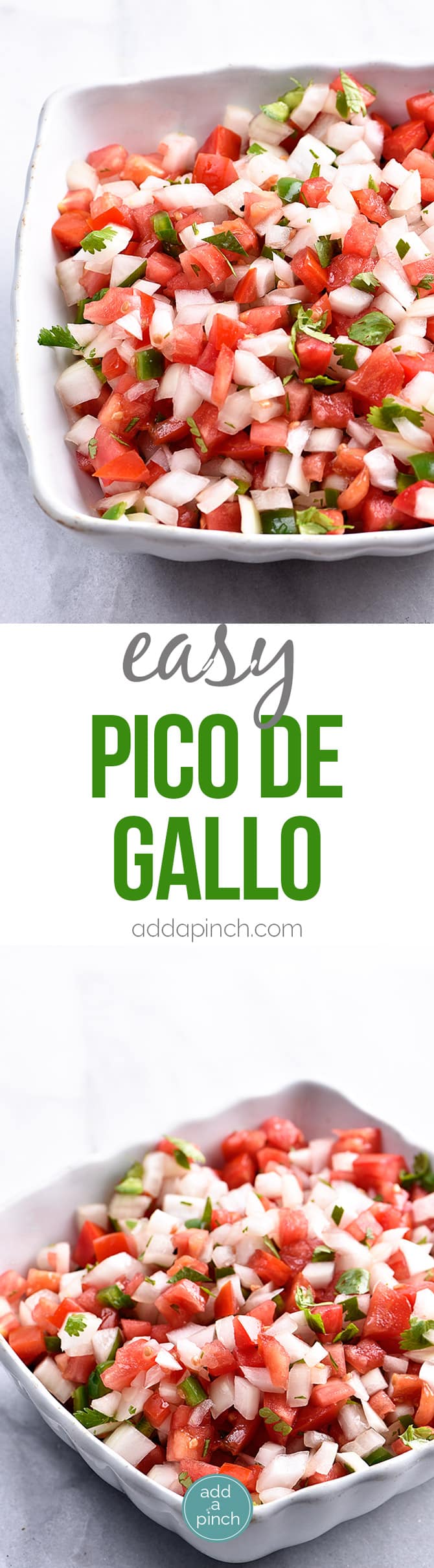 Pico de Gallo Recipe - Pico de Gallo has to be one of the simplest recipes to make and adds so, so, so much flavor to any number of dishes as a topping or just right by itself on a chip! // addapinch.com