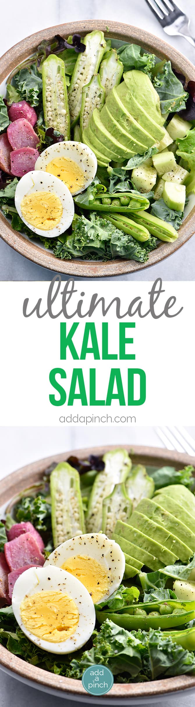 Ultimate Kale Salad Recipe - This Ultimate Kale Salad recipe is the kale salad of my dreams! Filled with crunchy vegetables, creamy avocado and topped with a bold dressing, it is glorious! // addapinch.com