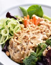 Asian Chicken Salad Recipe - This Asian chicken salad recipe is filled to the brim with flavor! A crisp salad topped with tender chicken, vegetables and a delicious peanut sauce for dressing! // addapinch.com
